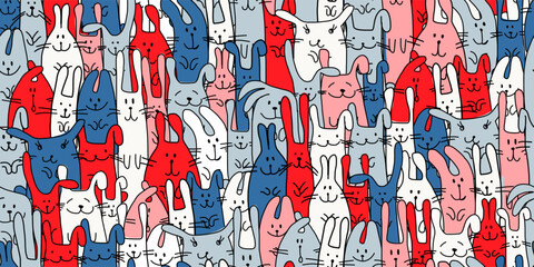 Funny Bunnies family. Seamless pattern background with Rabbits. Symbol of 2023 chineese new year. Cute characters, childish style. Colors of flag of country - red white and blue. Vector illustration
