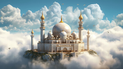 Fototapeta na wymiar A mosque on a floating island in the sky background. generative AI