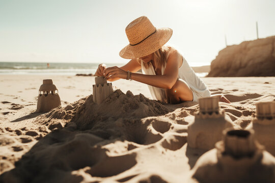 Unrecognizable woman enjoying a beach vacation building sandcastles and basking in the sun with a floppy hat and sunglasses,