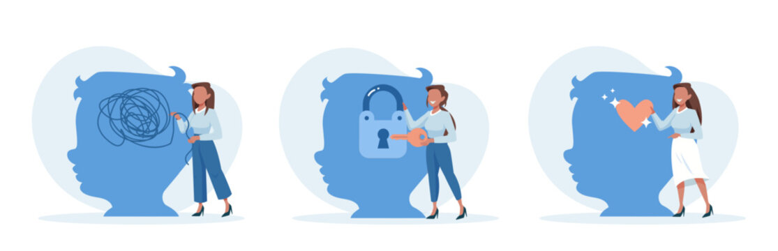 Vector of a psychologist woman solving mental problems of a boy