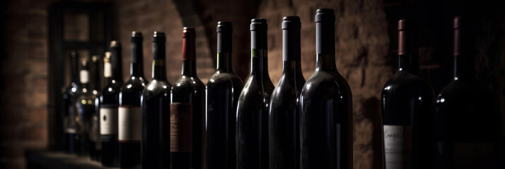 Wine bottles in a row, dark wine cellar background, Generative AI
