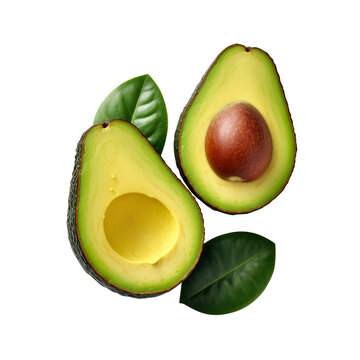 whole and half fresh avocado fruits with kernel and seed isolated on transparent background generated by AI, png file