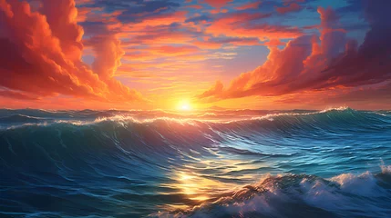 Tuinposter The depiction of a breathtaking sunrise over the ocean wallpaper. generative AI © busra