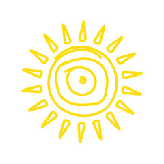 Hand Drawn Yellow Sun and Ray Icon Isolated on White Background. 