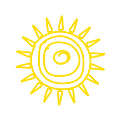 Hand Drawn Yellow Sun and Ray Icon Isolated on White Background. 