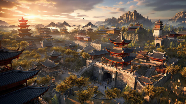 The exploration of a grand Chinese city in ancient time. generative AI
