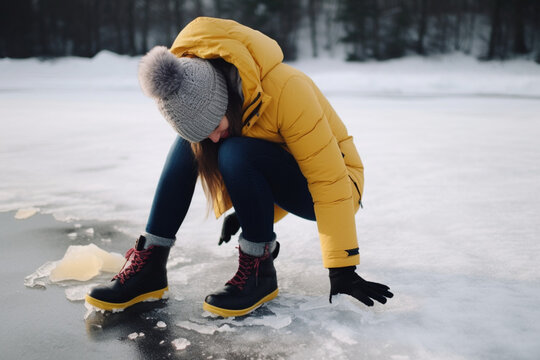 unrecognizable Young woman trying to stand up after falling on slippery icy pavement outdoors