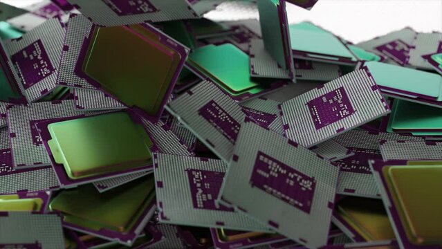 The concept of saving and transferring data. Multi-colored microcircuits fall on a white surface. Rainbow color. CPU. AI