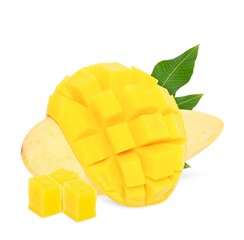Mango fruit with mango cubes and leaves isolated on a white background. Organic food.