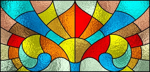 Fototapeta premium Sketch of a colored stained glass window. Art Nouveau. Abstract stained-glass background. Bright colors, colorful. Modern. Architectural decor. Design luxury interior. Light. Red yellow, blue, green.