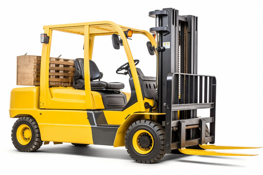 Yellow real forklift vehicle with wood pallet isolated on white background, with clipping path,