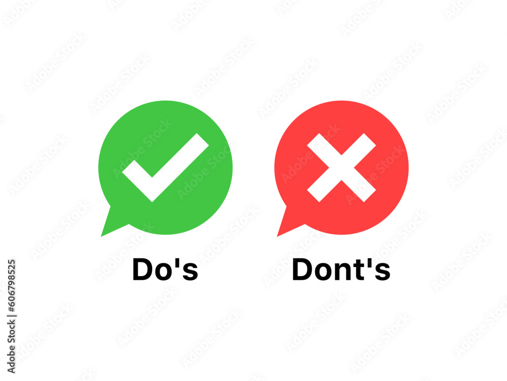 Aufkleber check mark icon in speech bubble set. check box icon with right and wrong, dos and donts buttons - yes or no, do and don't checkmark icons in green tick box and red cross. vector illustration