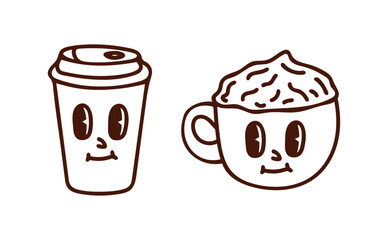 Groovy cartoon coffee characters. Take off and cup of cosy hot chocolate in psychedelic 60s, 30s, 80s vibe trendy Y2K hand drawn sketch style (Full Vector)