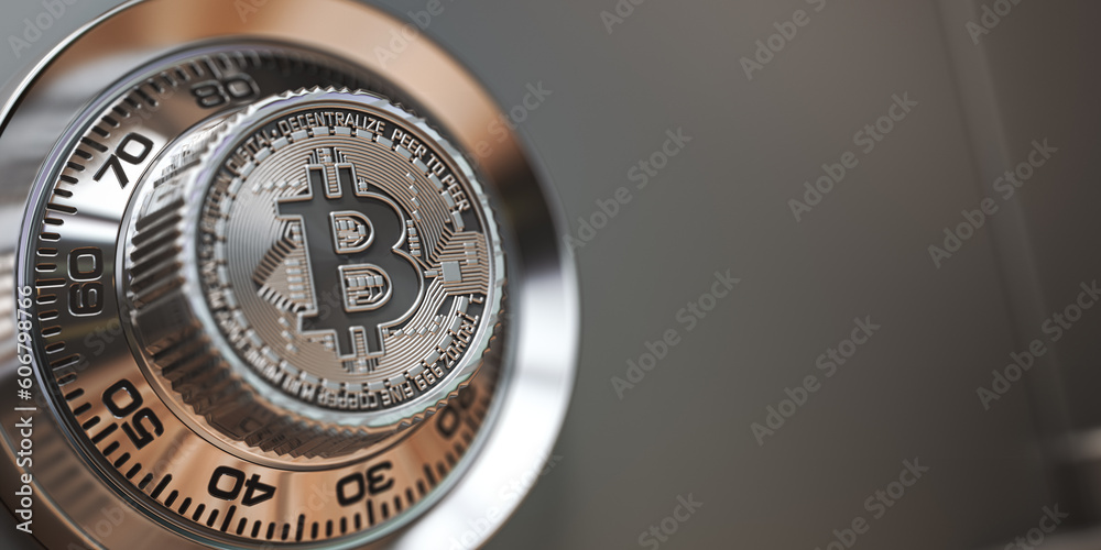 Poster Bitcoin cryptocurrency security and protection of anonymity concept. Safe lock with symbol of bitcoin.