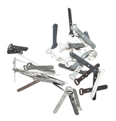 Aluminum electric wire cable clip to wrap electricity cable in house and arrange in order. Aluminum electric wire cable clip is new one and close up, white background isolated