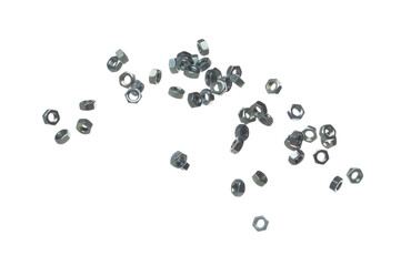 Metal Nut for industry and Repair, fly in air. Silver nuts to joint bolt machine component. Gray nut use in locking bolt washer. White background isolated
