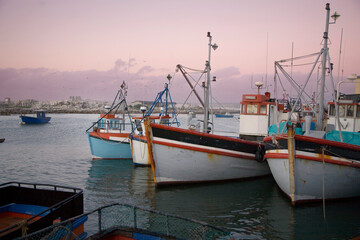 Small fishing and crayfishing trawlers moored in Lambert's Bay, harbor, Western Cape, South Africa, in the early evening. - obrazy, fototapety, plakaty