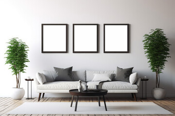 mockup of empty picture frames hanging on the wall of a modern living room, interior with features, modern furniture . Generative AI - obrazy, fototapety, plakaty