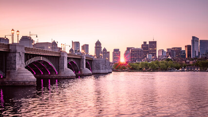 The skyline of Boston in Massachusetts, USA at night showcasing its mix of contemporary and...
