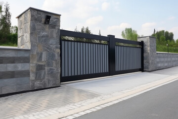 Wide automatic sliding gate with remote control installed in high stone fense wall, Security and protection concept