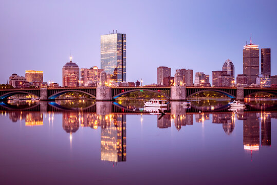 Boston in Massachusetts, USA at sunrise showcasing the skyline of the Back Bay neighborhood.