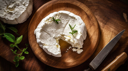 top view of goat cheese in wooden plate, food styling, AI 