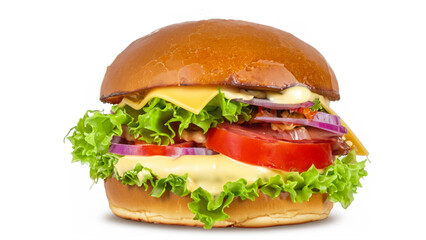 Big fresh burger with cheese, tomato, lettuce, pickles and mayonnaise isolated on white background