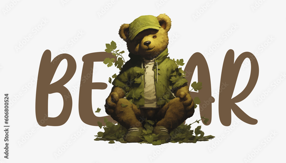 Poster Teddy bear sitting in green leaves, hip hop aesthetic style, album covers. Generative AI