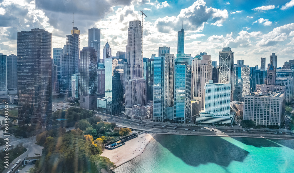 Wall mural chicago skyline aerial drone view from above, city of chicago downtown skyscrapers and lake michigan - Wall murals