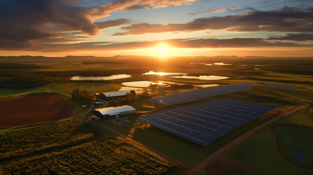 Solar farm at sunset. Generated AI