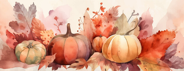 Naklejka na ściany i meble Thanksgiving watercolor illustration with pumpkins, desgn mockup 