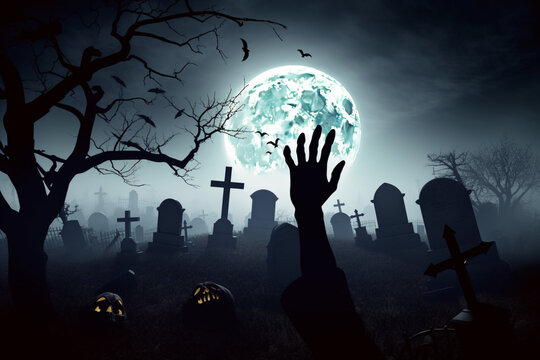 Zombie Hand Rising Out Of A Graveyard In Spooky Night