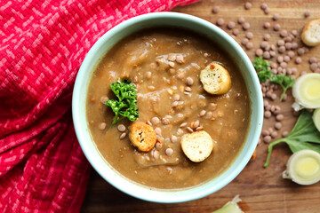 Lentil soup with croutons. Winter food 
