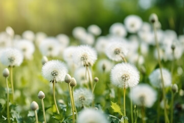 White fluffy dandelions natural green blurred spring background selective focus,
