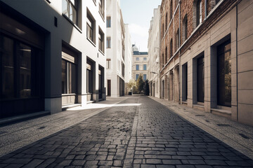 An empty european street at daytime.Nobody.Created with generative ai
