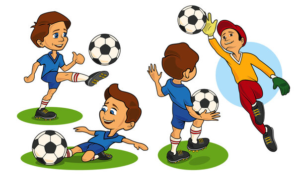 Ni&ntilde;os jugando f&uacute;tbol en diferentes posturas con el bal&oacute;n