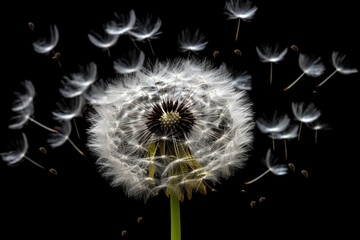 White dandelion head with flying seeds on minamalist black background