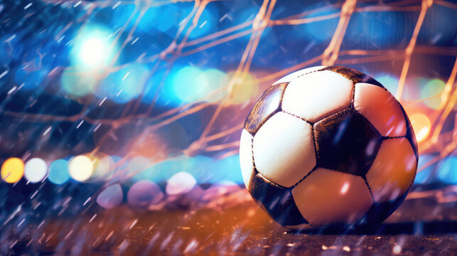 Soccer ball in goal on blue and orange background (ai generated)