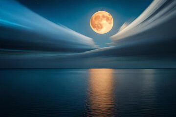 Moonlight in ocean landscape. Bright full moon over the sea - obrazy, fototapety, plakaty