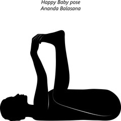 Flat black silhouette of young woman practicing yoga, doing Blissful Baby pose or Happy Baby or Dead Bug pose. Ananda Balasana. Supine. Vector illustration isolated on transparent background.
