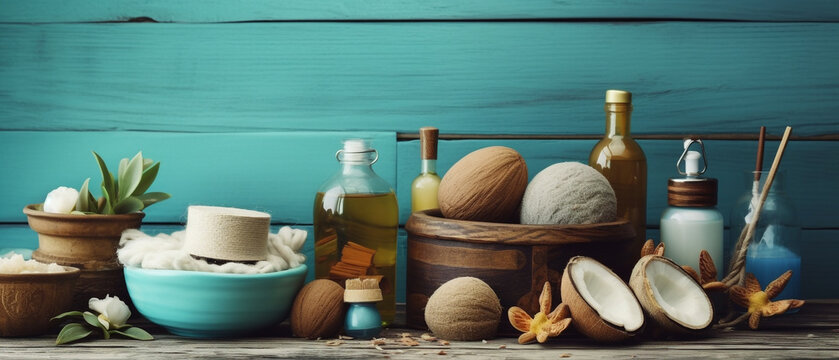 natural cosmetics, ingredients and bathroom or spa accessories arranged on a vintage wood table banner background, Generative AI