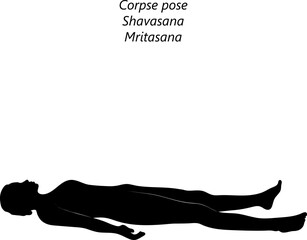 Flat black silhouette of young woman practicing yoga, doing Corpse pose. Shavasana or Mritasana. Supine and Neutral. Beginner. Vector illustration isolated on transparent background.