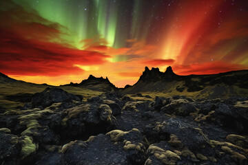 Fototapeta na wymiar Aurora borealis over the lava field, Generative AI