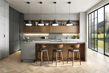 Fototapeta na wymiar modern kitchen interior with fireplace. Illustration. AI Generative.