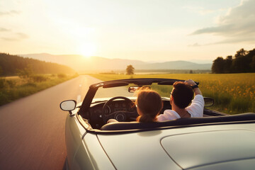Unrecognizable couple taking a road trip driving with the top down on a convertible enjoying the freedom of the open road and embarking on adventures together, - obrazy, fototapety, plakaty