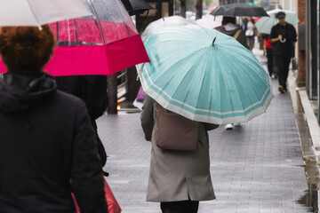people with umbrellas on a rainy day in the city