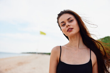 woman ocean sand beach sea freedom nature vacation young smile summer