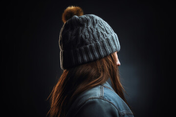 Unrecognizable person with long hair wearing a designer beanie made of denim, Artistic photo,