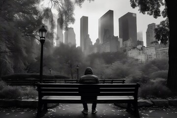 sitting on the lonely bench in the park - obrazy, fototapety, plakaty