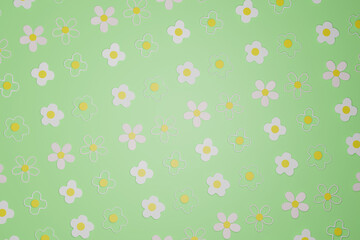 Funny happy daisy with eyes and smile, daisy, background, green, cartoon, 3D